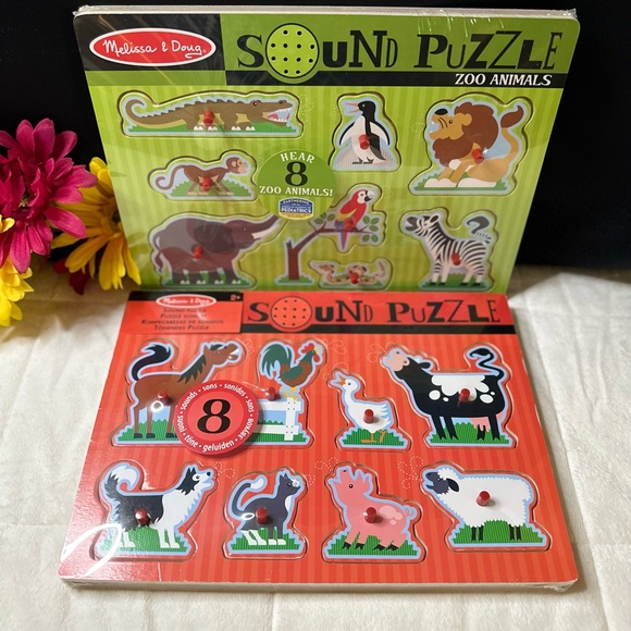 2 NEW Melissa & Doug Zoo & Farm Animals Wooden Peg Sound 8pc Puzzles 🧩 2Yrs+ - Picture 1 of 16